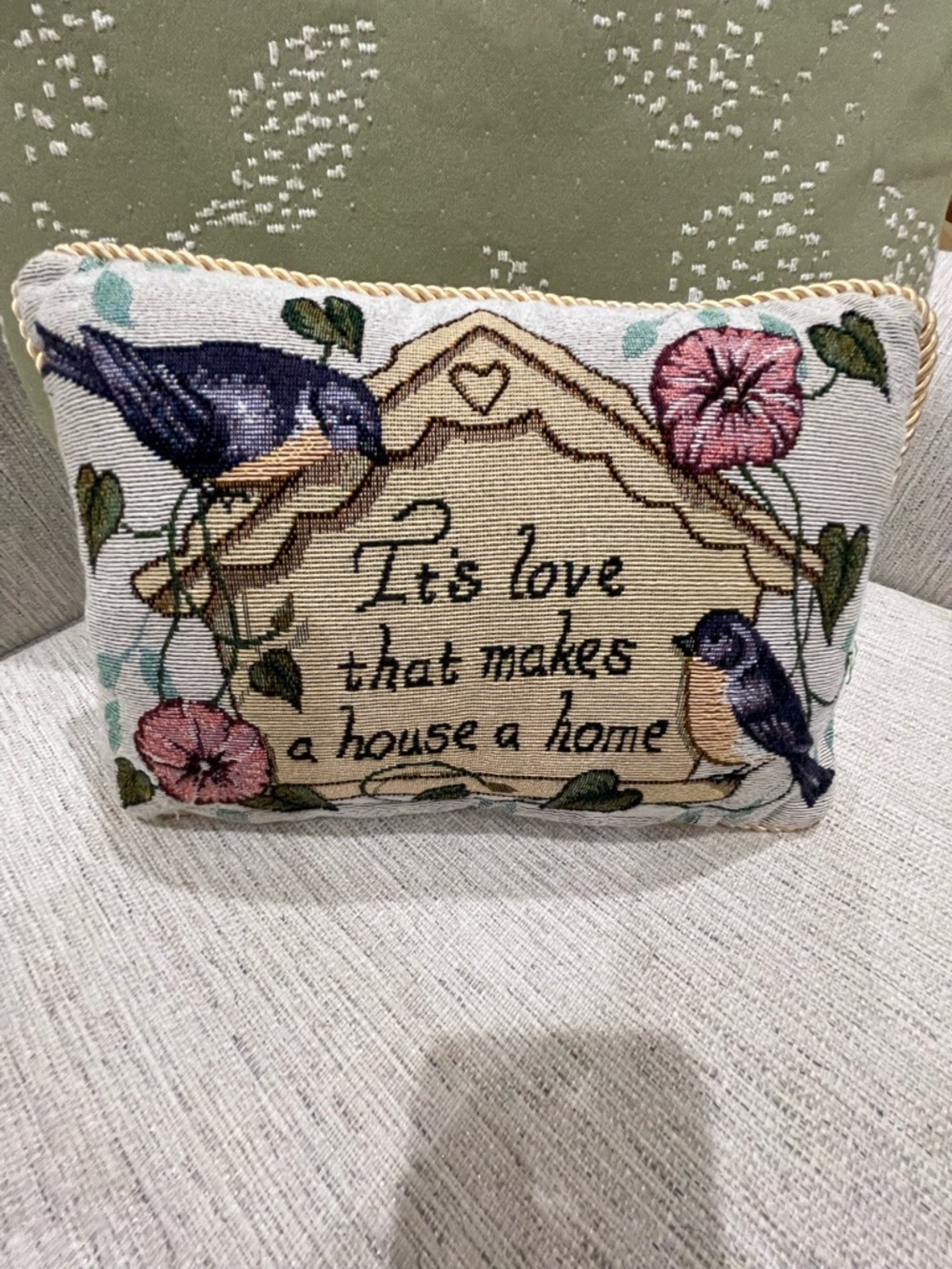 Vintage Tapestry Pillow Cottagecore Birds Floral “Love Makes a House a Home”